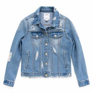 IRIS Distressed Denim Jacket Small Light Wash Raw Hem Y2K Grunge Jacket